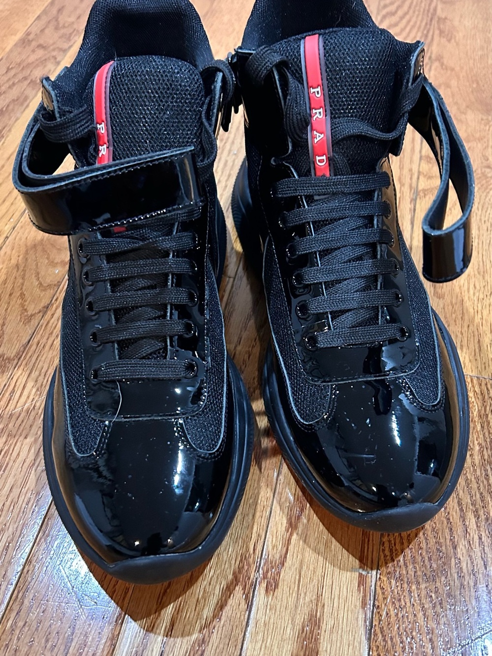 Prada Black High-Top Sneaker with Red Logo Stripe - Picture 6 of 7